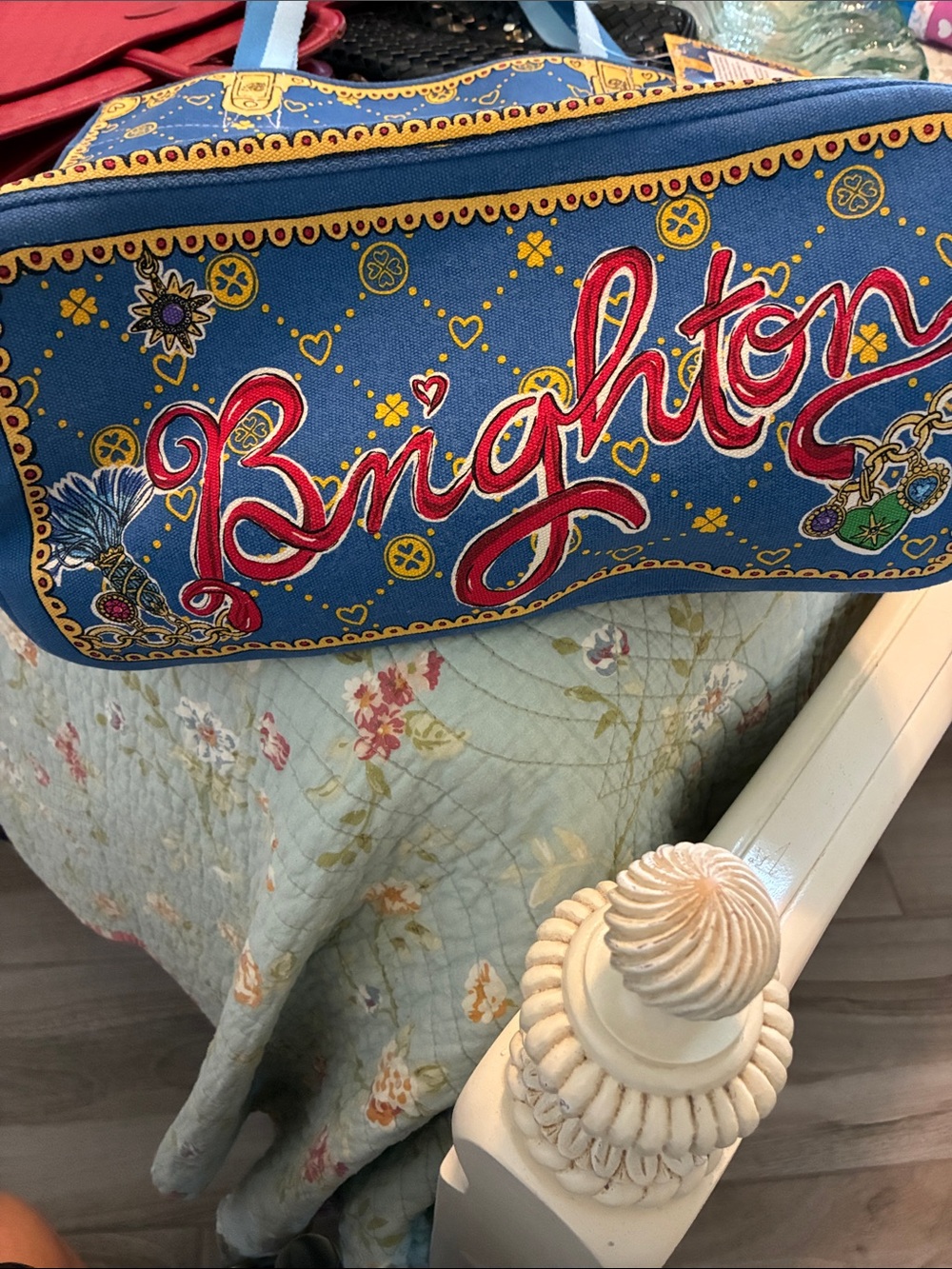 Brighton Cream Tote with Blue Straps and Multicolor Jewel Motifs - Picture 6 of 6